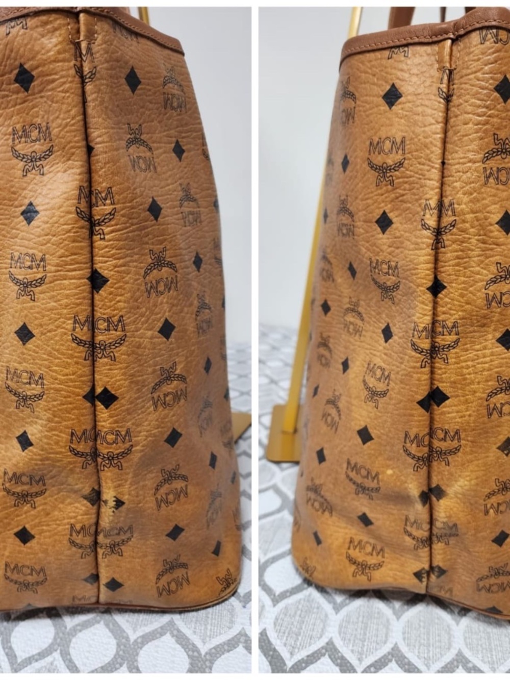 Authentic MCM Visetos Shopper Stripe XL Tote Bag Brown/Peach - Picture 6 of 14